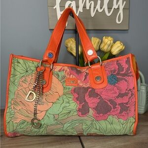 Dolce & Gabana Floral Botanical Canvas Tote Bag Handbag w/ Keychain